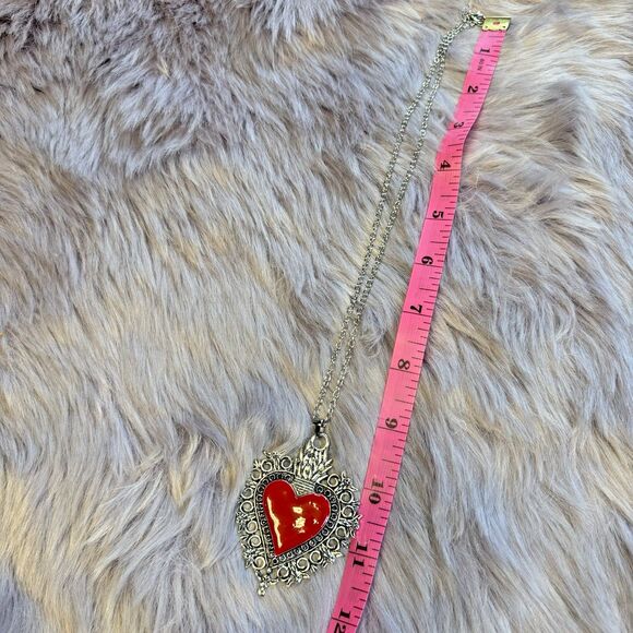 Ornate Milagro Sacred Heart Necklace – Red Enamel Silver Gothic Victorian Punk - Picture 5 of 8